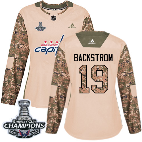 Adidas Capitals #19 Nicklas Backstrom Camo Authentic 2017 Veterans Day Stanley Cup Final Champions Women's Stitched NHL Jersey